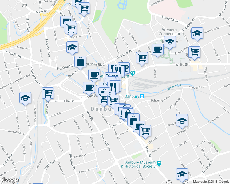 map of restaurants, bars, coffee shops, grocery stores, and more near 46 White Street in Danbury