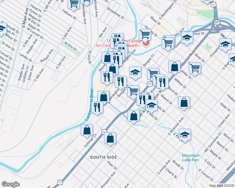 map of restaurants, bars, coffee shops, grocery stores, and more near 1109 Remington Ave in Scranton