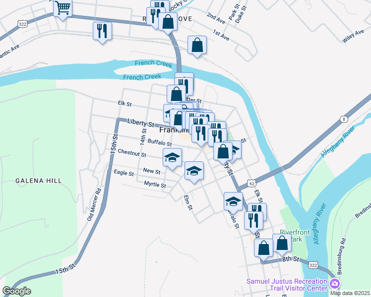 map of restaurants, bars, coffee shops, grocery stores, and more near 3 Pennsylvania Avenue in Franklin