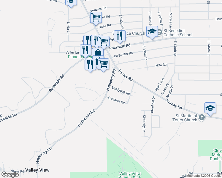 map of restaurants, bars, coffee shops, grocery stores, and more near 12831 Shadyway Road in Garfield Heights