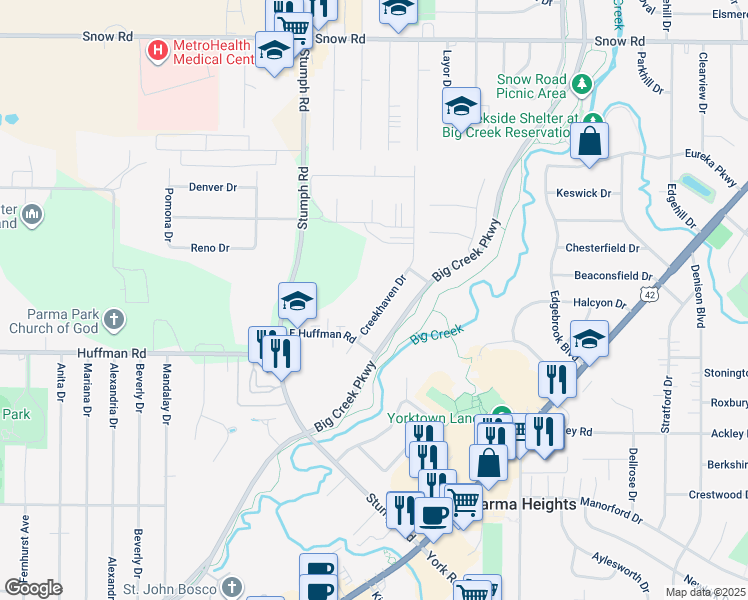 map of restaurants, bars, coffee shops, grocery stores, and more near 6142 Creekhaven Drive in Parma Heights