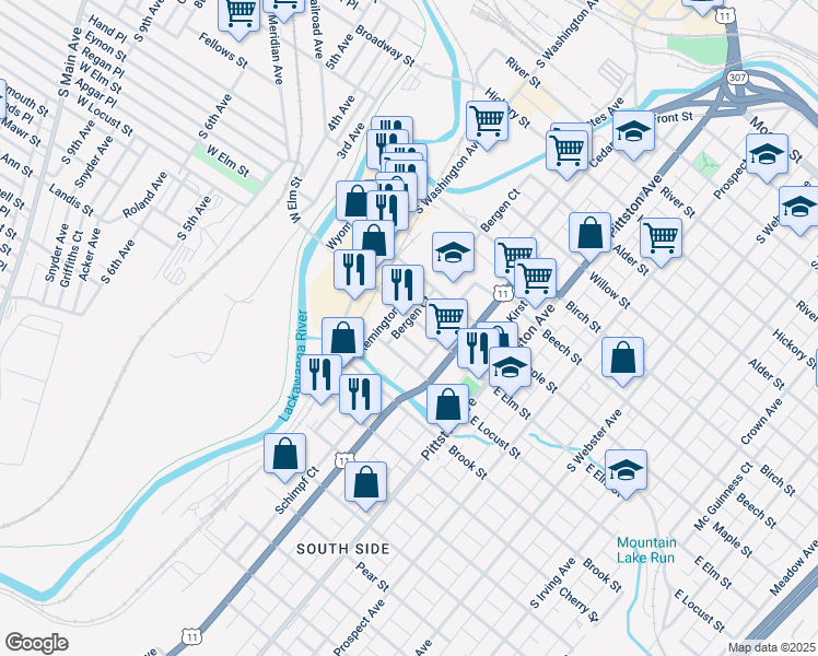 map of restaurants, bars, coffee shops, grocery stores, and more near 320 East Elm Street in Scranton