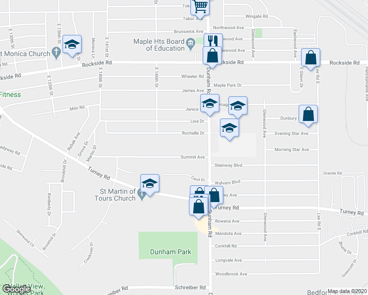 map of restaurants, bars, coffee shops, grocery stores, and more near 14905 Summit Avenue in Maple Heights