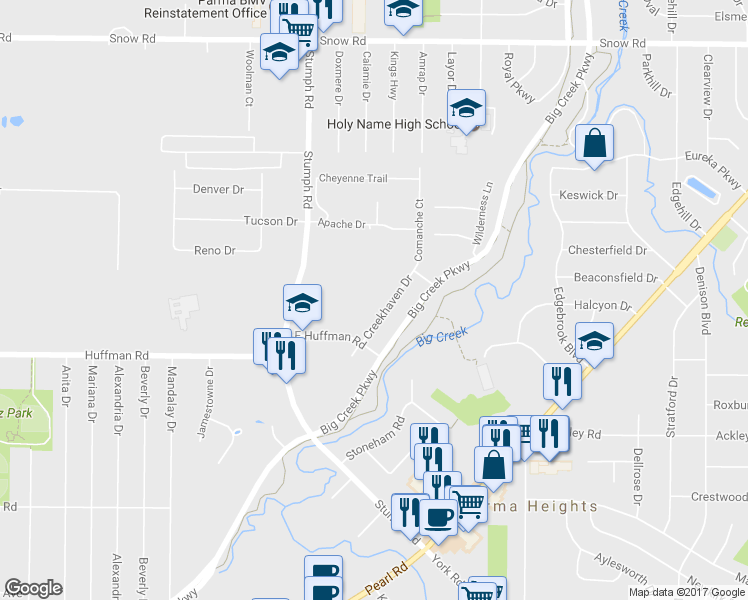 map of restaurants, bars, coffee shops, grocery stores, and more near 6142 Creekhaven Drive in Parma Heights