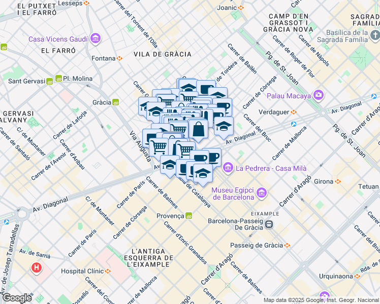 map of restaurants, bars, coffee shops, grocery stores, and more near 109 Passeig de Gràcia in Barcelona