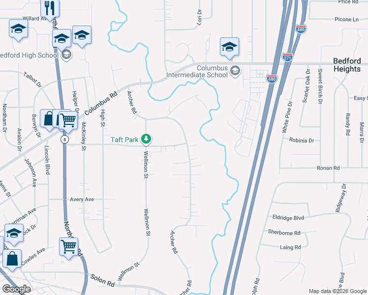 map of restaurants, bars, coffee shops, grocery stores, and more near 824 Archer Road in Bedford