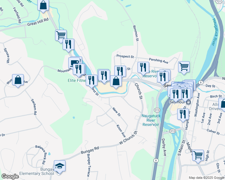 map of restaurants, bars, coffee shops, grocery stores, and more near 64 Klarides Village Drive in Seymour