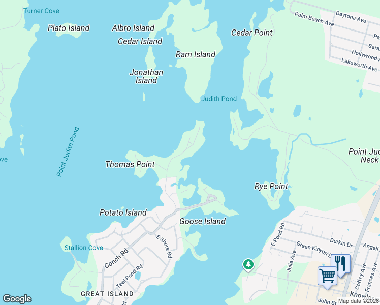 map of restaurants, bars, coffee shops, grocery stores, and more near 124 Marine Drive in Narragansett