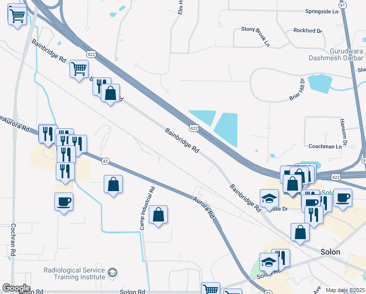 map of restaurants, bars, coffee shops, grocery stores, and more near 31720 Bainbridge Road in Solon