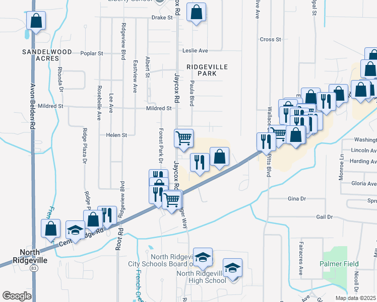 map of restaurants, bars, coffee shops, grocery stores, and more near 34963 Northview Circle in North Ridgeville