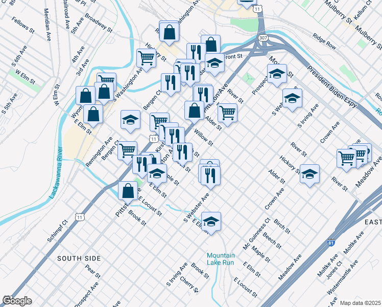 map of restaurants, bars, coffee shops, grocery stores, and more near 533 Birch Street in Scranton