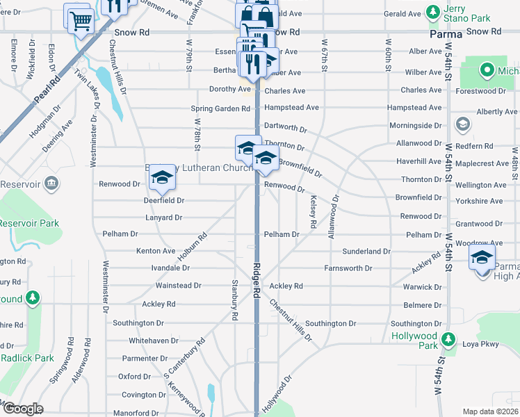 map of restaurants, bars, coffee shops, grocery stores, and more near 6106 Ridge Road in Parma
