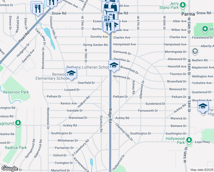 map of restaurants, bars, coffee shops, grocery stores, and more near 6106 Ridge Road in Parma