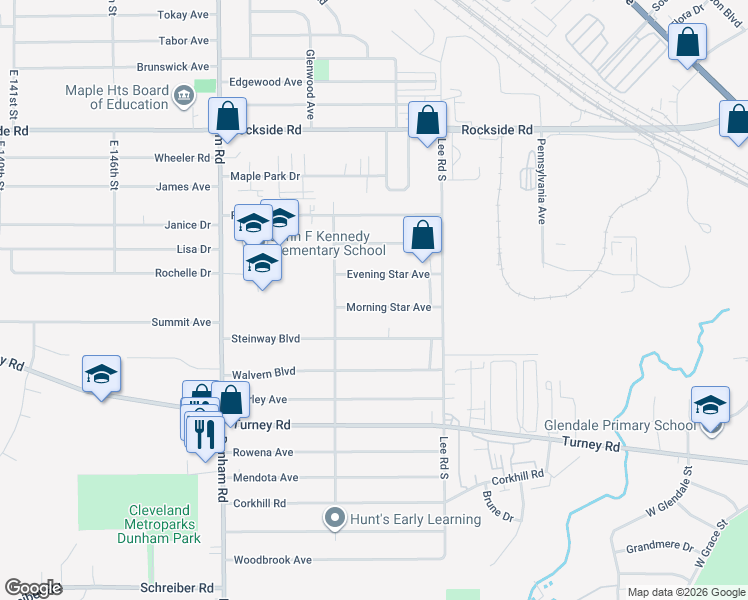 map of restaurants, bars, coffee shops, grocery stores, and more near 15813 Morning Star Avenue in Maple Heights