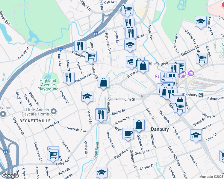 map of restaurants, bars, coffee shops, grocery stores, and more near Meehan Place in Danbury