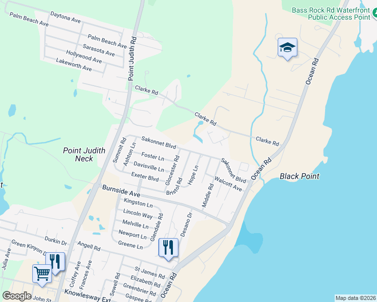 map of restaurants, bars, coffee shops, grocery stores, and more near 95 Sakonnet Boulevard in Narragansett