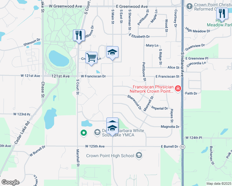 map of restaurants, bars, coffee shops, grocery stores, and more near 1101-1199 S Main St in Crown Point