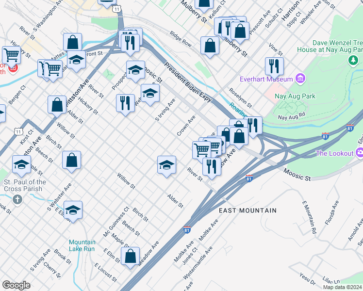 map of restaurants, bars, coffee shops, grocery stores, and more near 916 Orchard Street in Scranton