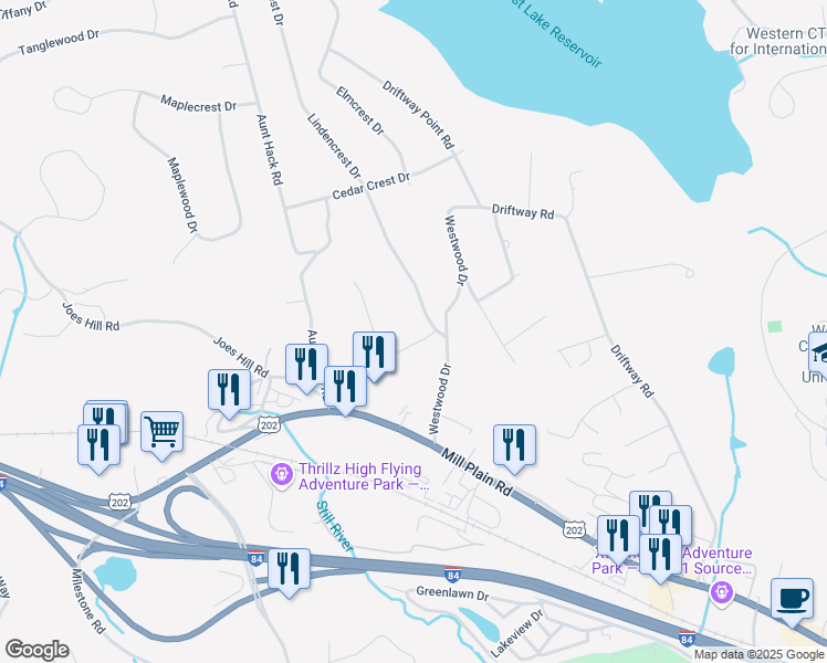 map of restaurants, bars, coffee shops, grocery stores, and more near 43 Lindencrest Drive in Danbury