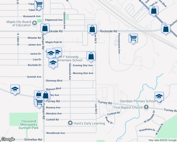 map of restaurants, bars, coffee shops, grocery stores, and more near 16009 Morning Star Avenue in Maple Heights