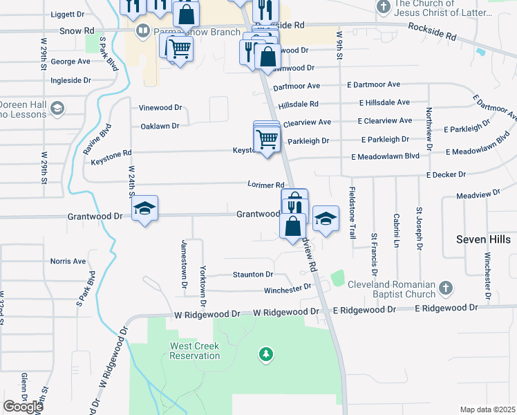map of restaurants, bars, coffee shops, grocery stores, and more near 1522 Grantwood Drive in Parma