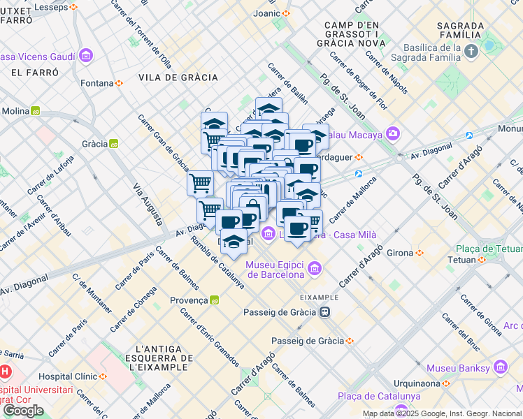 map of restaurants, bars, coffee shops, grocery stores, and more near 371 Avinguda Diagonal in Barcelona