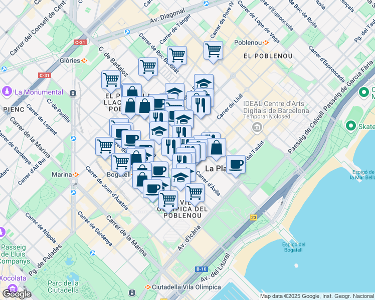 map of restaurants, bars, coffee shops, grocery stores, and more near 112 Carrer de Llull in Barcelona