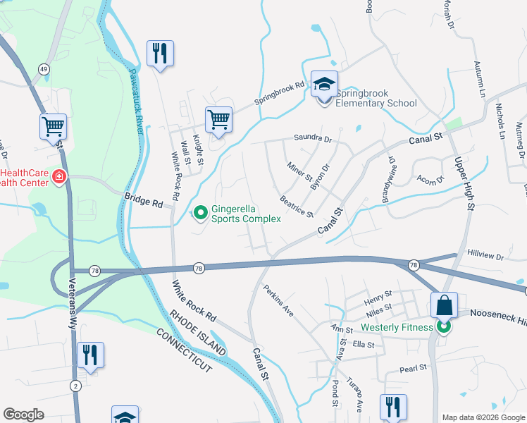map of restaurants, bars, coffee shops, grocery stores, and more near 29 Yankee Dr in Westerly