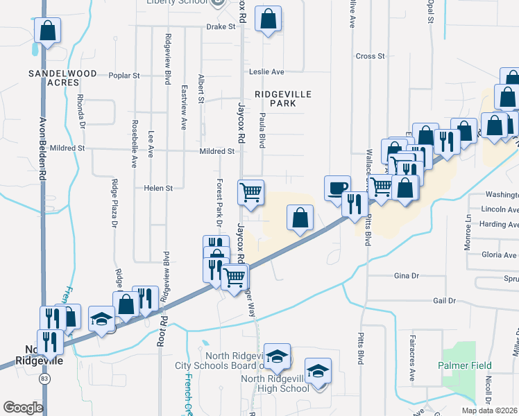 map of restaurants, bars, coffee shops, grocery stores, and more near 34935 Northview Circle in North Ridgeville