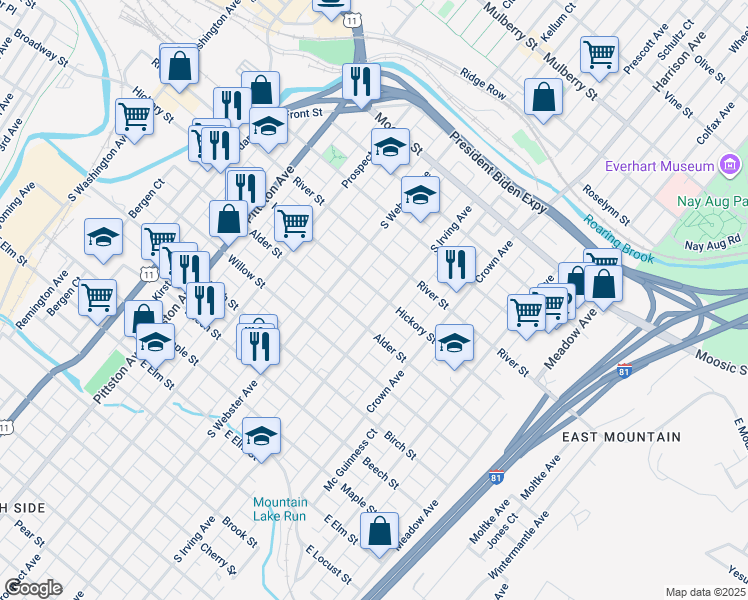 map of restaurants, bars, coffee shops, grocery stores, and more near 724 Hickory Street in Scranton