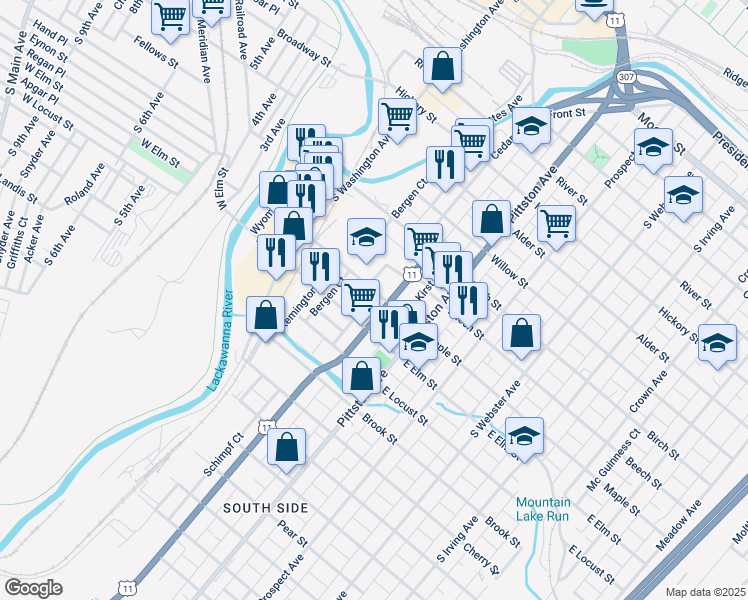 map of restaurants, bars, coffee shops, grocery stores, and more near 371-399 Maple Street in Scranton