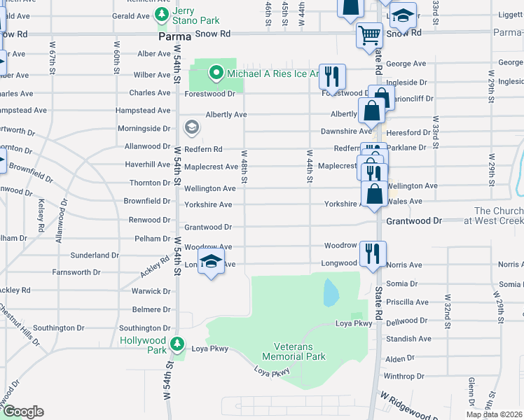 map of restaurants, bars, coffee shops, grocery stores, and more near 4527 Yorkshire Avenue in Cleveland