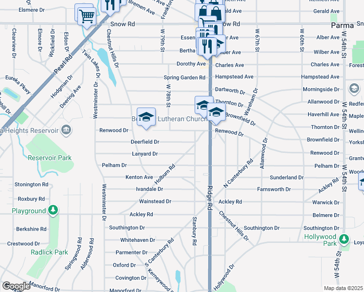 map of restaurants, bars, coffee shops, grocery stores, and more near 7515 Deerfield Drive in Parma