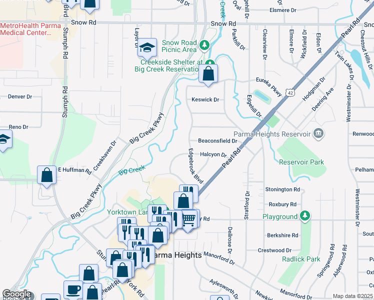map of restaurants, bars, coffee shops, grocery stores, and more near 10426 Halcyon Drive in Parma Heights