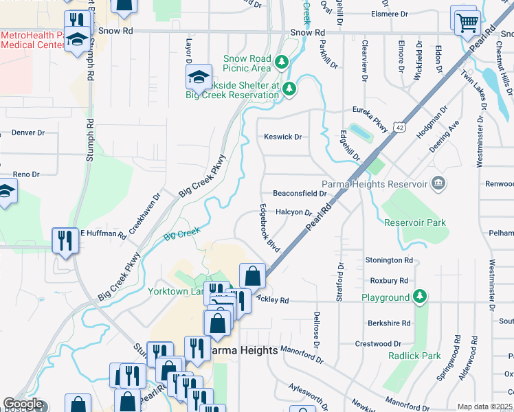 map of restaurants, bars, coffee shops, grocery stores, and more near 10426 Halcyon Drive in Parma Heights