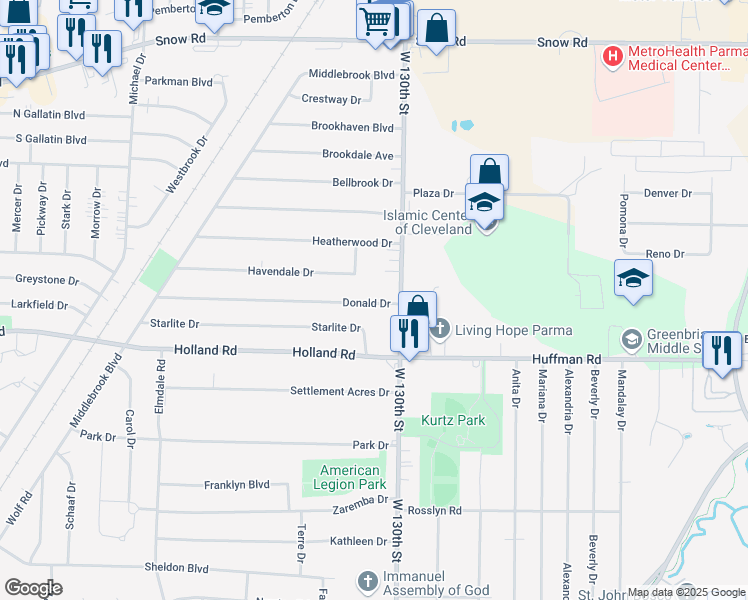map of restaurants, bars, coffee shops, grocery stores, and more near 13308 Starlite Drive in Brook Park