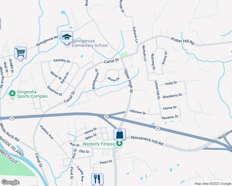 map of restaurants, bars, coffee shops, grocery stores, and more near 67 Brandywine Drive in Westerly