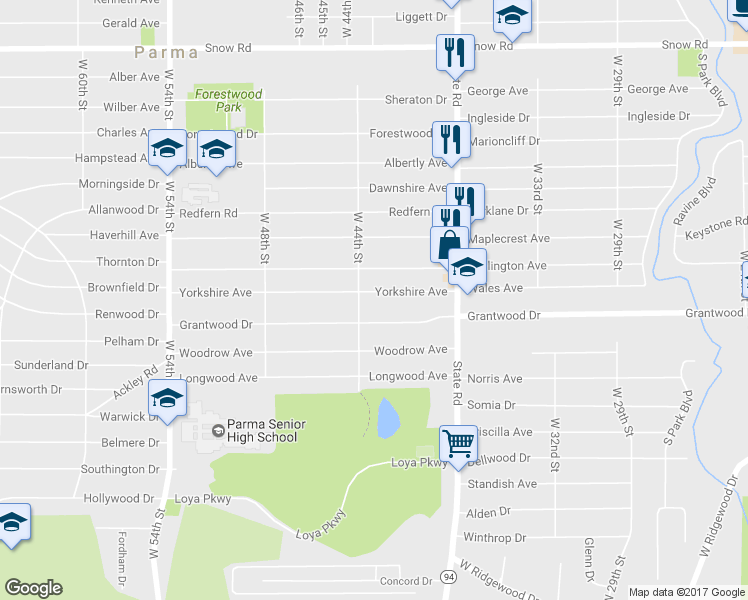 map of restaurants, bars, coffee shops, grocery stores, and more near 4215 Yorkshire Avenue in Cleveland