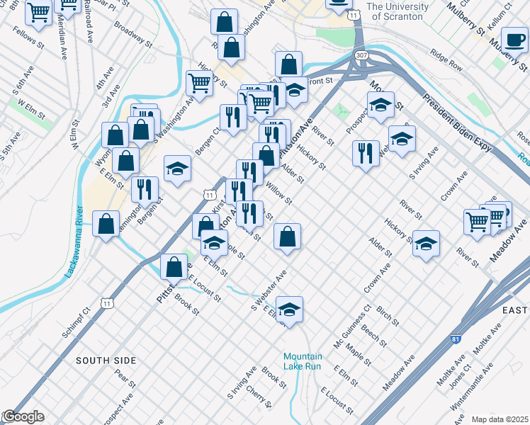 map of restaurants, bars, coffee shops, grocery stores, and more near 535 Birch Street in Scranton