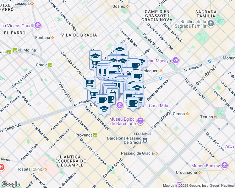 map of restaurants, bars, coffee shops, grocery stores, and more near 371 Avinguda Diagonal in Barcelona
