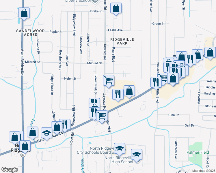map of restaurants, bars, coffee shops, grocery stores, and more near 34999 Northview Circle in North Ridgeville