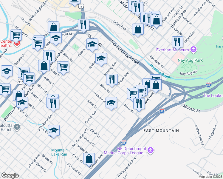 map of restaurants, bars, coffee shops, grocery stores, and more near 308-312 Crown Avenue in Scranton