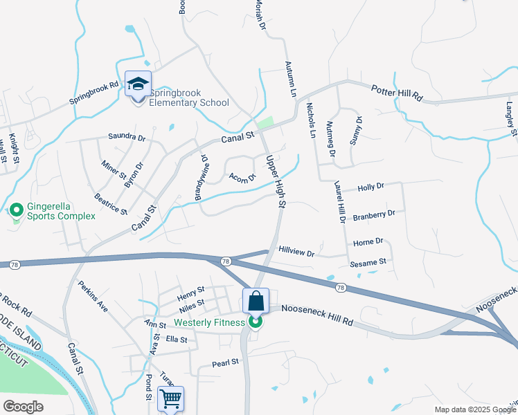 map of restaurants, bars, coffee shops, grocery stores, and more near 67 Brandywine Drive in Westerly