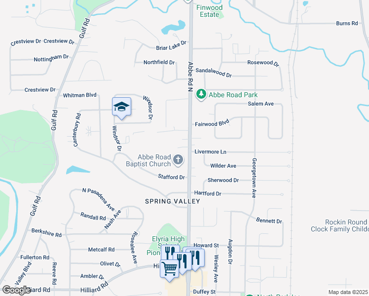 map of restaurants, bars, coffee shops, grocery stores, and more near 690 Abbe Road North in Elyria