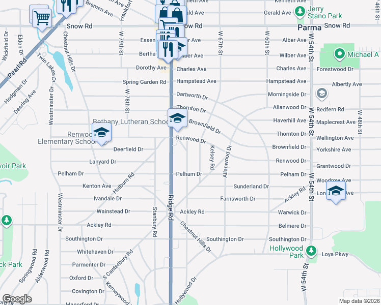 map of restaurants, bars, coffee shops, grocery stores, and more near 6111 Manchester Road in Parma
