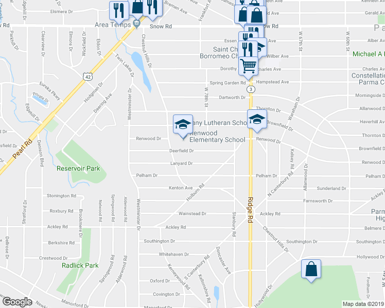 map of restaurants, bars, coffee shops, grocery stores, and more near 7919 Deerfield Drive in Parma