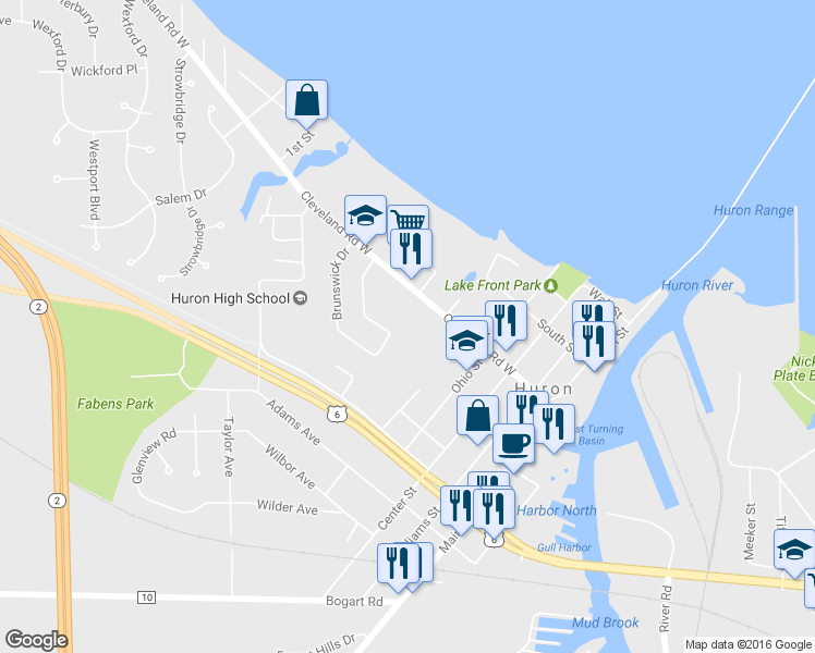 map of restaurants, bars, coffee shops, grocery stores, and more near 504 Cleveland Road West in Huron