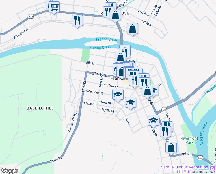 map of restaurants, bars, coffee shops, grocery stores, and more near 1325 Buffalo Street in Franklin