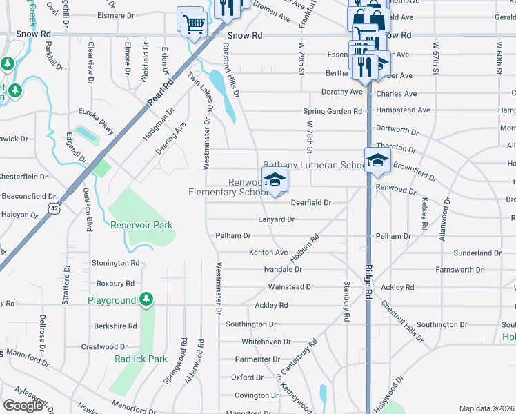 map of restaurants, bars, coffee shops, grocery stores, and more near 8127 Deerfield Drive in Parma