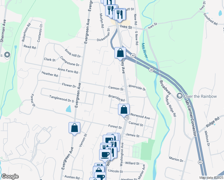 map of restaurants, bars, coffee shops, grocery stores, and more near 54 Cannon Street in Hamden